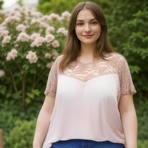 TORRID TAUPE TAN LACE STRETCH KNIT TOP SZ 2X